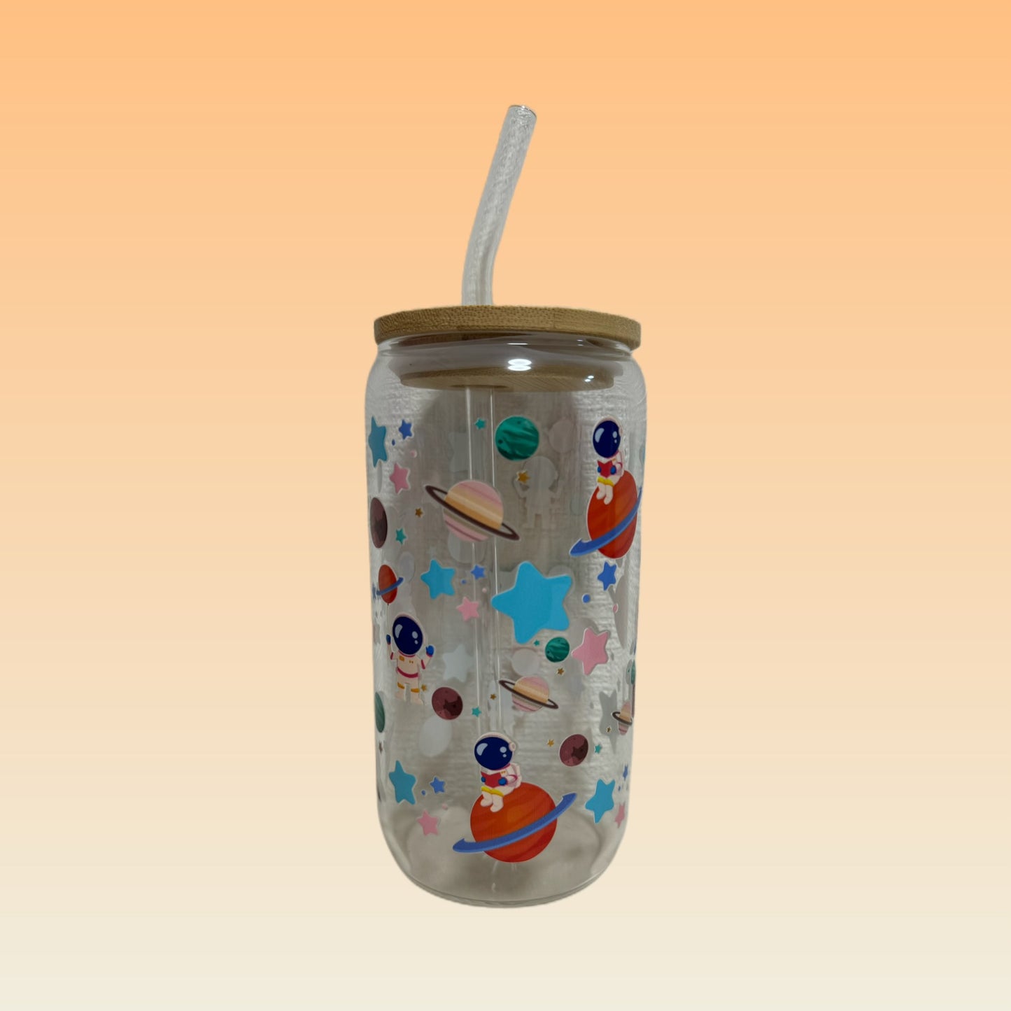 Space Theme Design Glass Cup with Lid & Straw