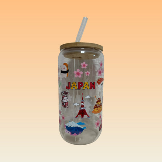 Japan Theme Design Glass Cup with Lid & Straw